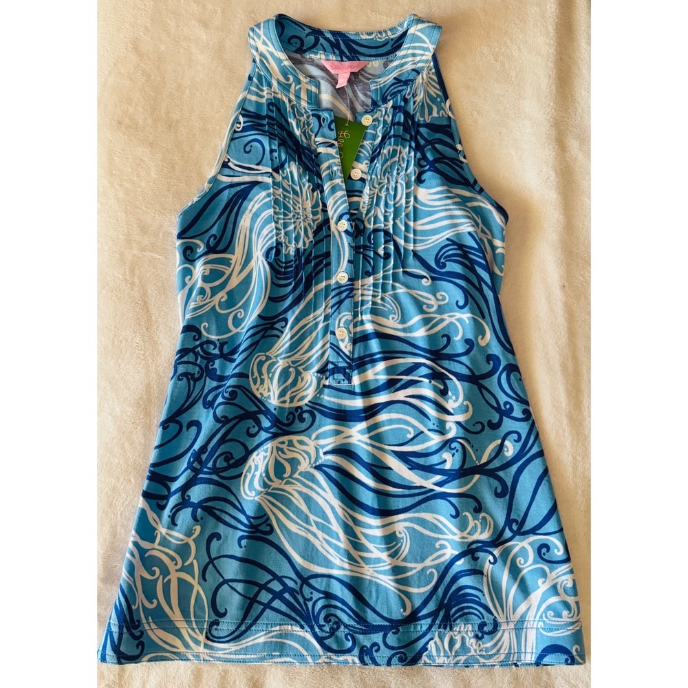 Lilly Pulitzer Wenlan Printed Top Beach Club Blue Sea Legs Silk Cotton Small NEW